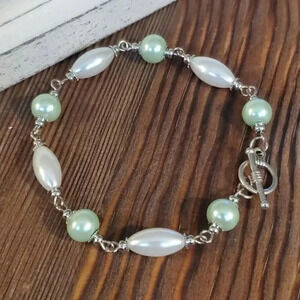 Glass Pearl Bracelet Silver White Mint Green